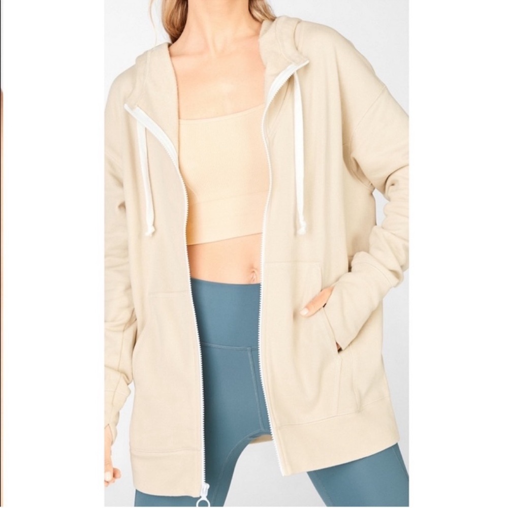 Fabletics Beige Full Zip Hooded Sweatshirt